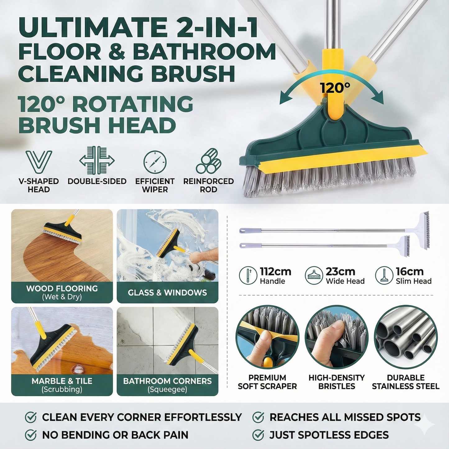 2-in-1 Long Handle Floor Brush with Wiper