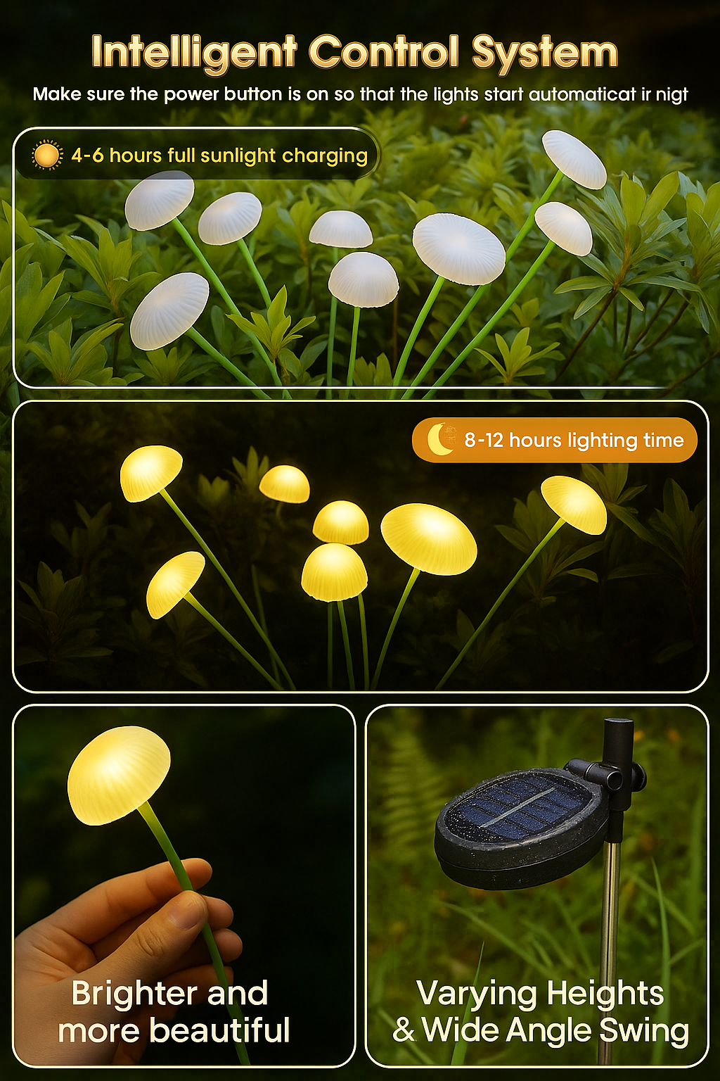 Premium 5W 8-LED Mushroom Solar Garden Light – Warm Firefly Glow for Outdoor Decor