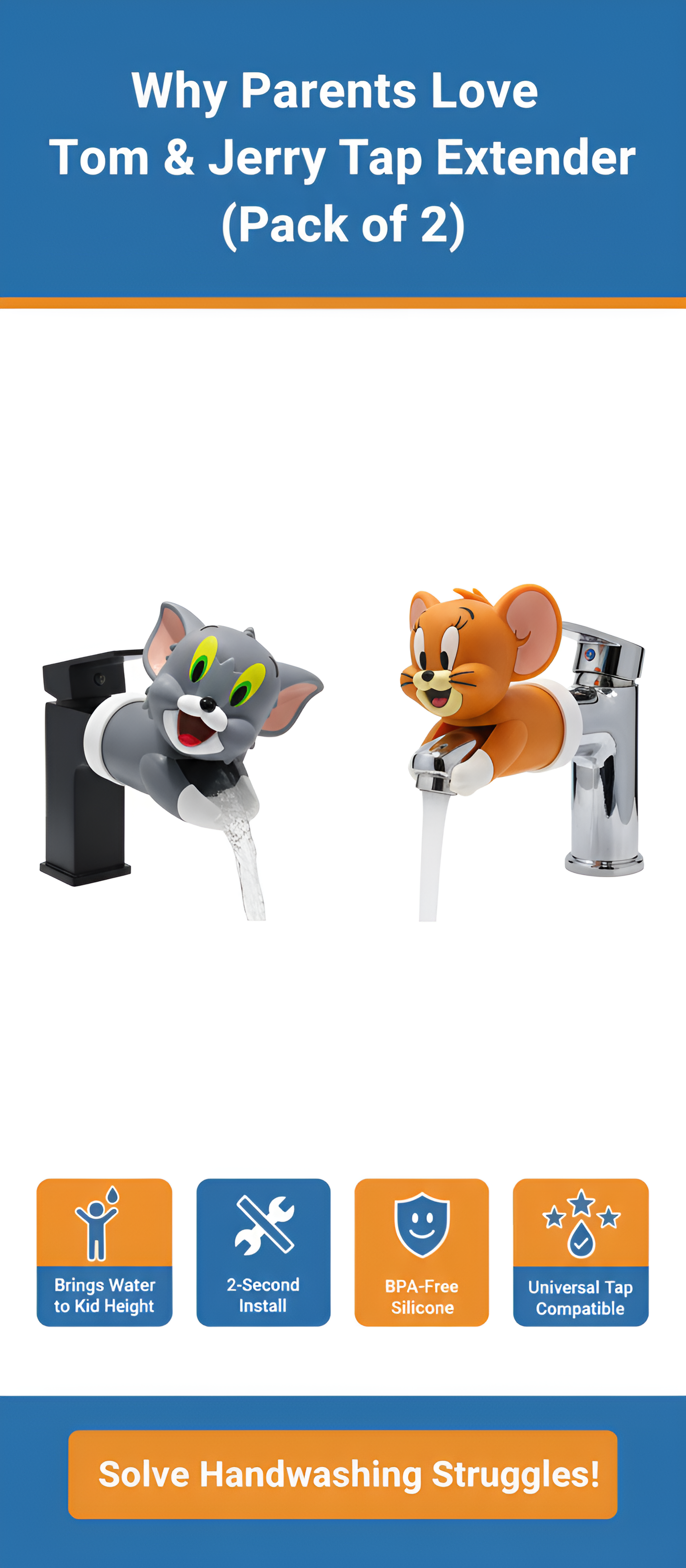 Tom & Jerry Cartoon Tap Extender for Kids - Fun & Safe Hand Wash Helper (Pack of 2)